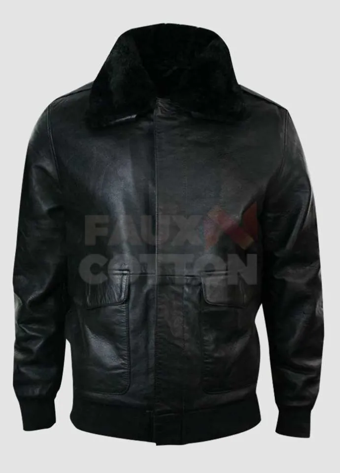 Black A2 Mens Classic Flight Bomber Pilot Fur Collar Jacket
