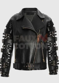 BLACK STRAPS AND BUCKLES ZENDAYA COLEMAN LEATHER JACKET