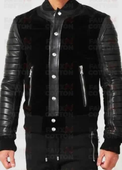 Black Suede With Sleeves Leather Bomber Jacket