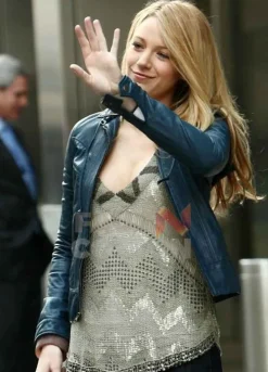 Blake Lively Blue Biker Leather Jacket