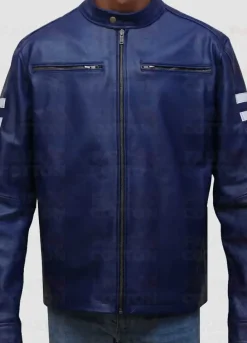 Blue Leather Jacket With White Stripes