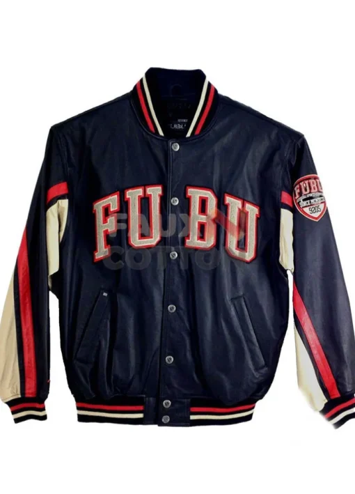 Bomber Fubu Full sleeves Blue Leather Jacket For Men's