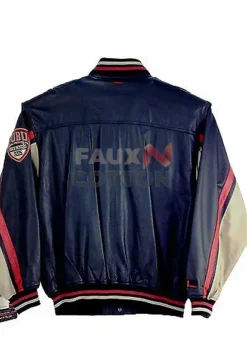 Bomber Fubu Full sleeves Blue Leather Jacket For Men's