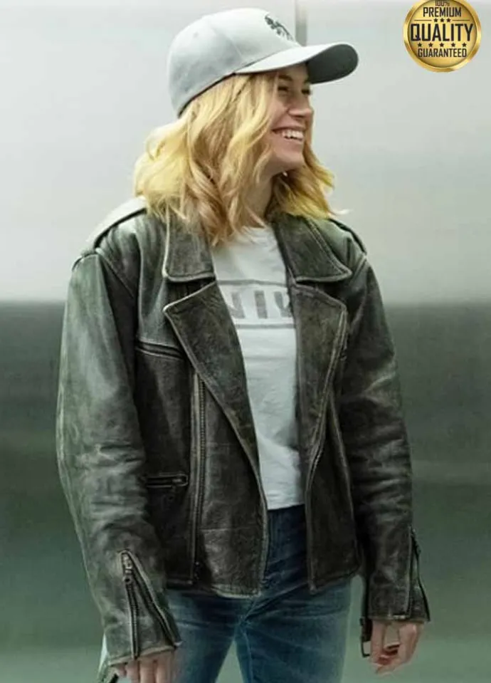 Carol Danvers Captain Marvel Distressed Grey Leather Jacket
