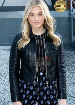 Chloe Grace Moretz Black Leather Bomber Jacket