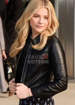 Chloe Grace Moretz Black Leather Bomber Jacket