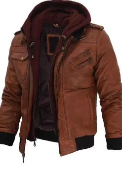 EDINBURGH MEN'S BROWN BOMBER LEATHER WITH REMOVABLE HOOD JACKET
