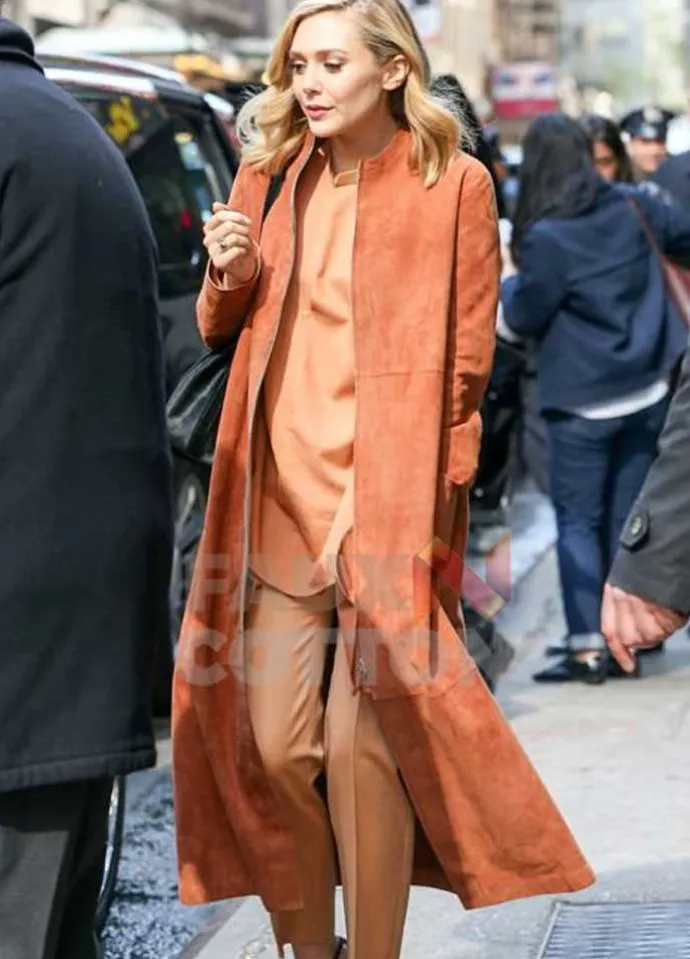 Elizabeth Olsen Brown Suede Trench Coat