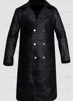 German Classic Officer Black Leather Trench Coat