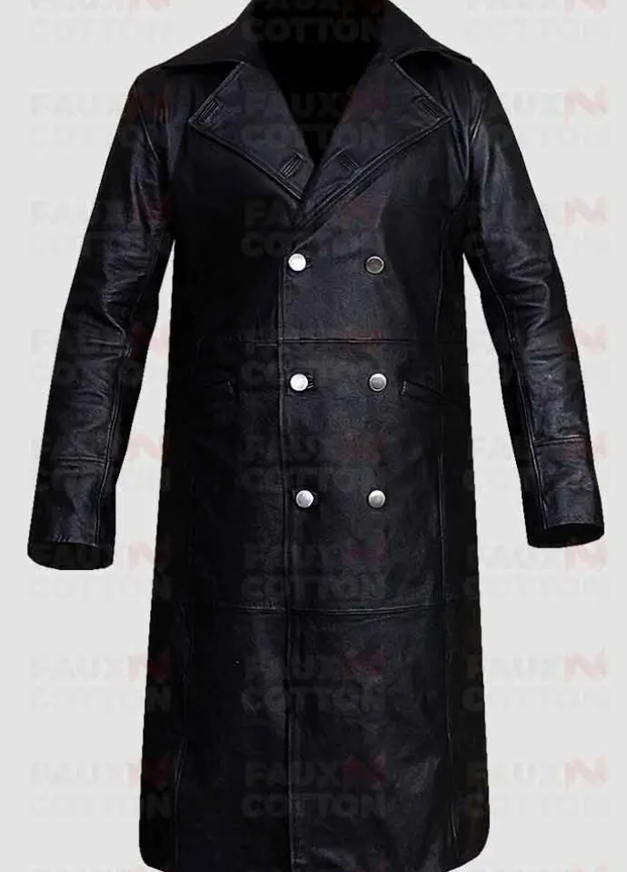 German Classic Officer Black Leather Trench Coat