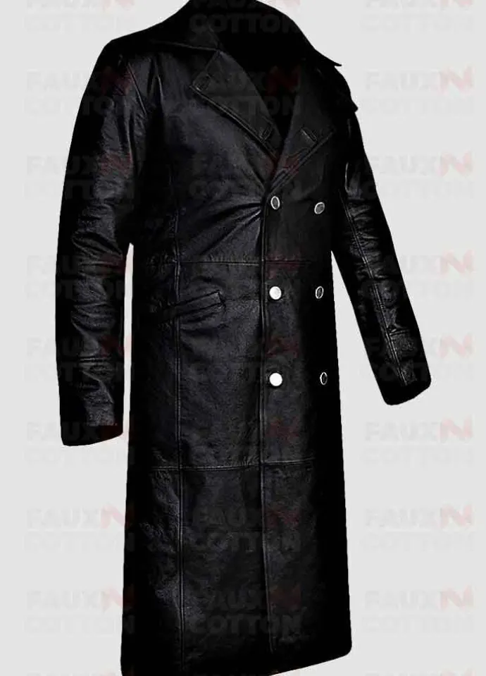 German Classic Officer Black Leather Trench Coat