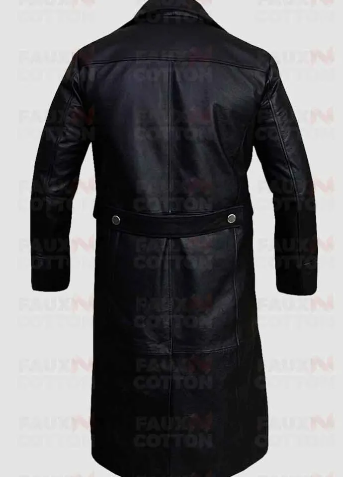 German Classic Officer Black Leather Trench Coat