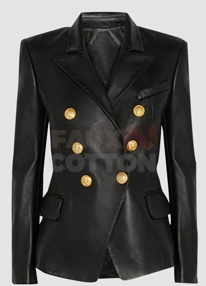 Kim Kardashian Double Breasted Black Leather Blazer