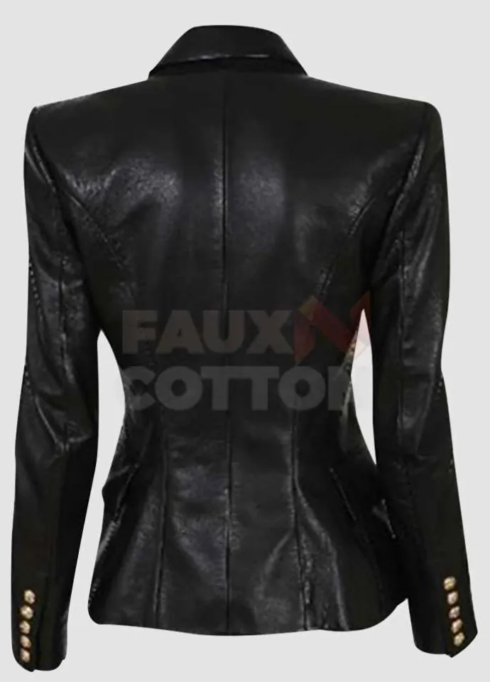 Kim Kardashian Double Breasted Black Leather Blazer