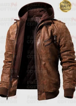M2016-95 Flavor Men's Brown Leather Bomber Moto Jacket with Removable Hood