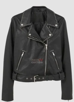 Mango studded black biker leather jacket for women