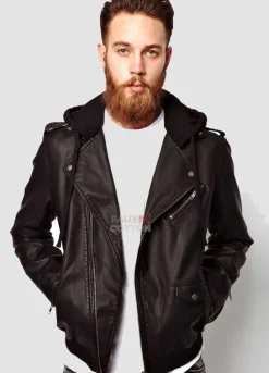 Men black jersey hooded black faux jacket