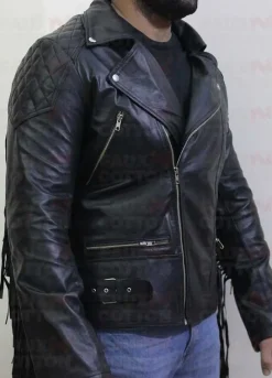 Men Fringed Tassel Fringe Classic Diamond Biker Jacket