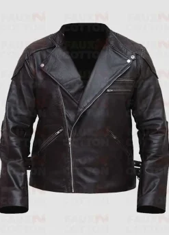 Men Motorcycle Skull Embossed Distressed Leather Jacket