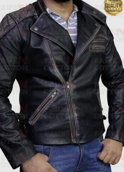 Men Motorcycle Skull Embossed Distressed Leather Jacket