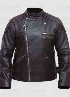 Men Motorcycle Skull Embossed Distressed Leather Jacket