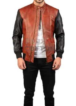 Men's Avan Black And Maroon Color Leather Bomber Jacket