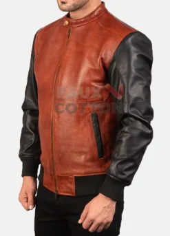 Men's Avan Black And Maroon Color Leather Bomber Jacket