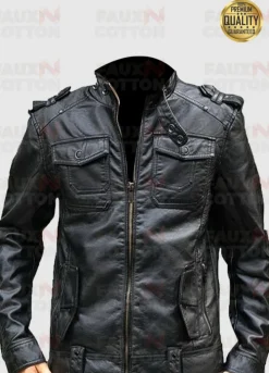 Mens Banded Collar Black Biker Leather Moto Jacket