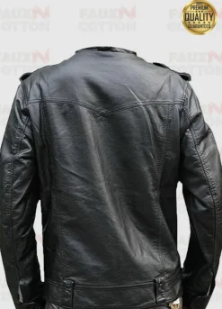 Mens Banded Collar Black Biker Leather Moto Jacket