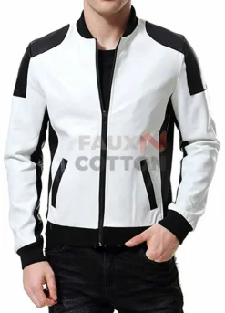 Mens Black And White Leather Biker Jacket