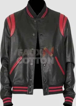 Men's Black Bomber With Red Stripes Leather Jacket