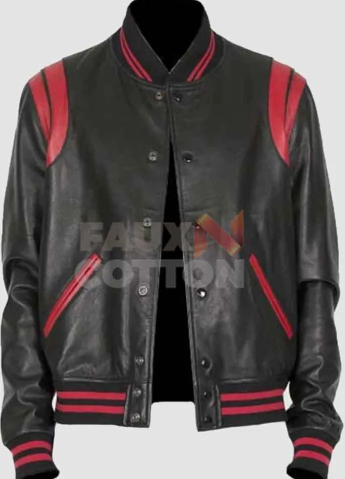 Men's Black Bomber With Red Stripes Leather Jacket