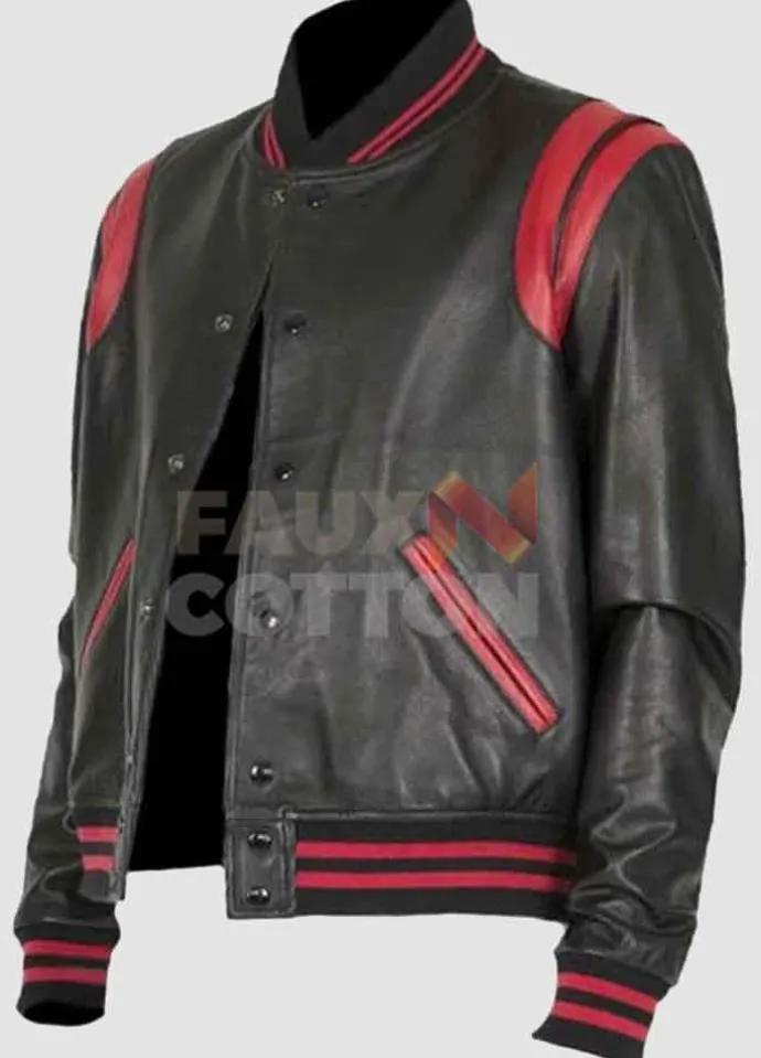Men's Black Bomber With Red Stripes Leather Jacket