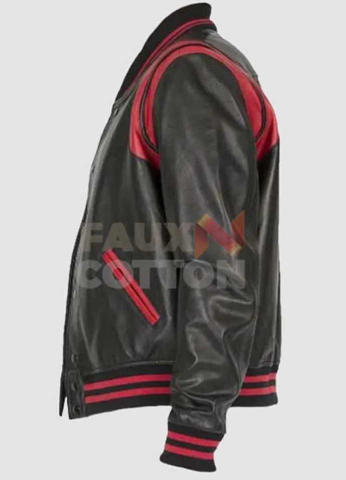 Men's Black Bomber With Red Stripes Leather Jacket