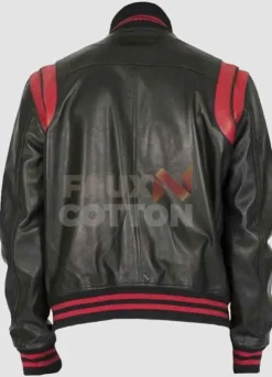 Men's Black Bomber With Red Stripes Leather Jacket