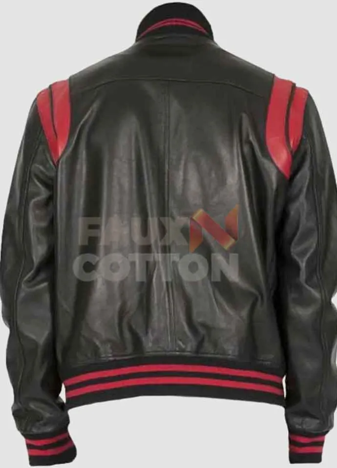 Men's Black Bomber With Red Stripes Leather Jacket