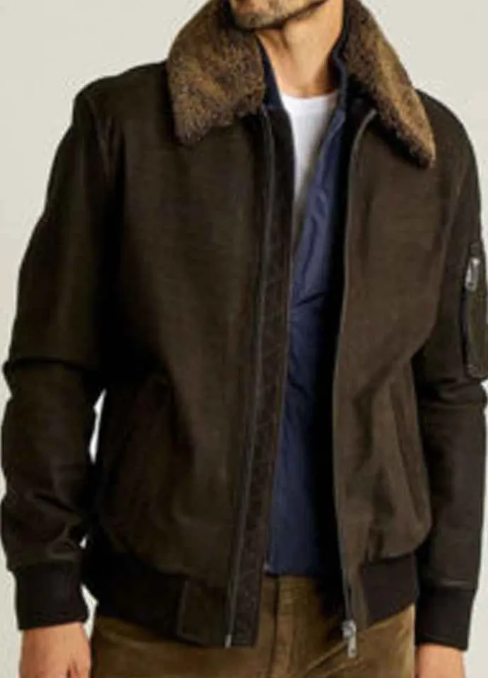Men’s Bomber Fur Collar Dark Brown Jacket