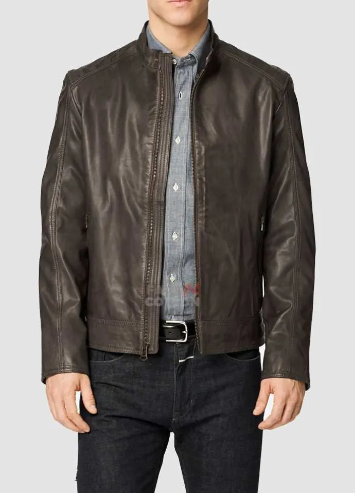 Mens Brown Washed Leather Moto Jacket