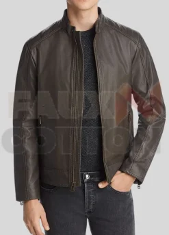 Mens Brown Washed Leather Moto Jacket