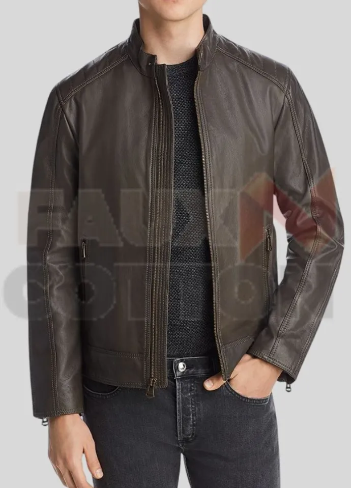 Mens Brown Washed Leather Moto Jacket