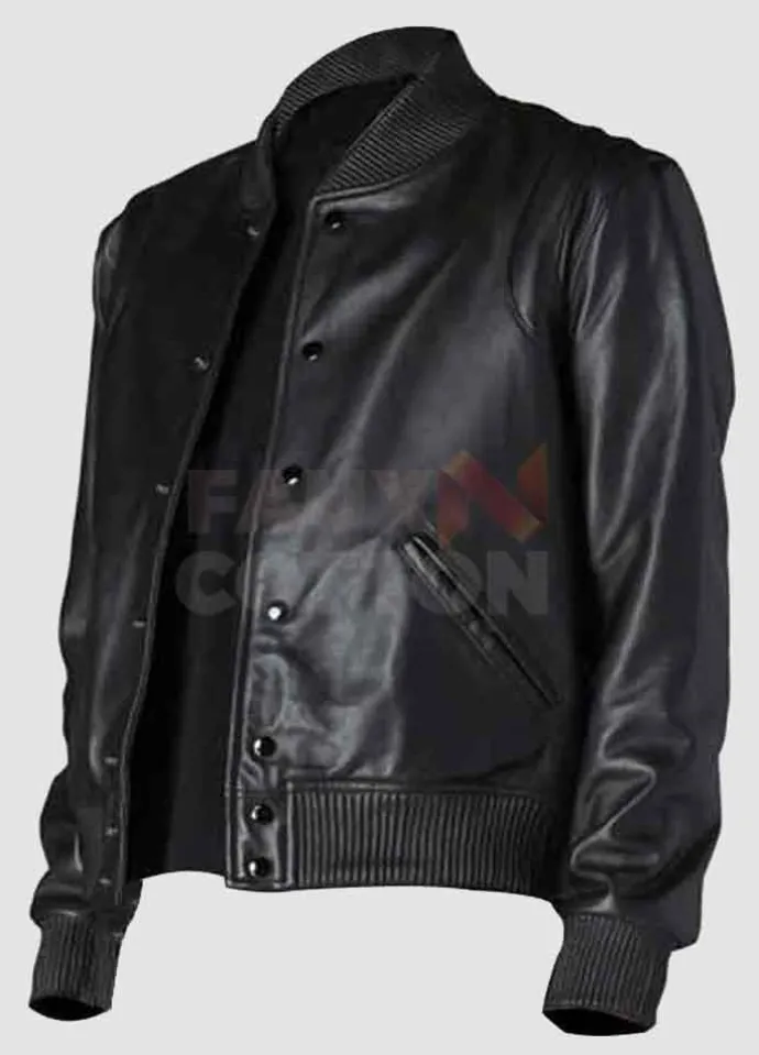 Men's Classic Black Bomber Varsity Leather Jacket