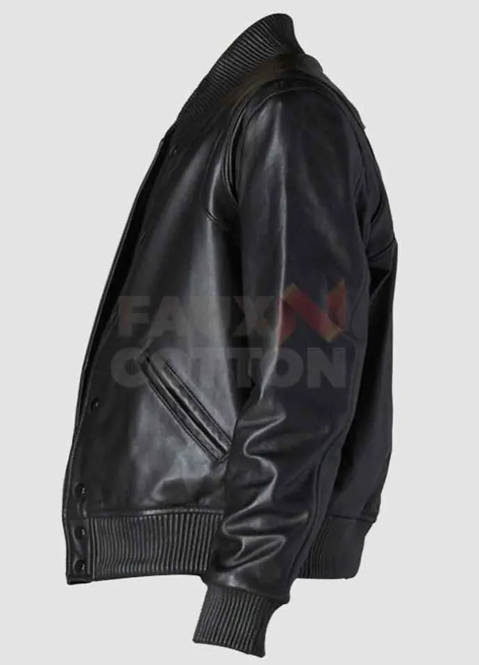 Men's Classic Black Bomber Varsity Leather Jacket