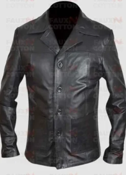 Men's Four Button Black Leather Blazer