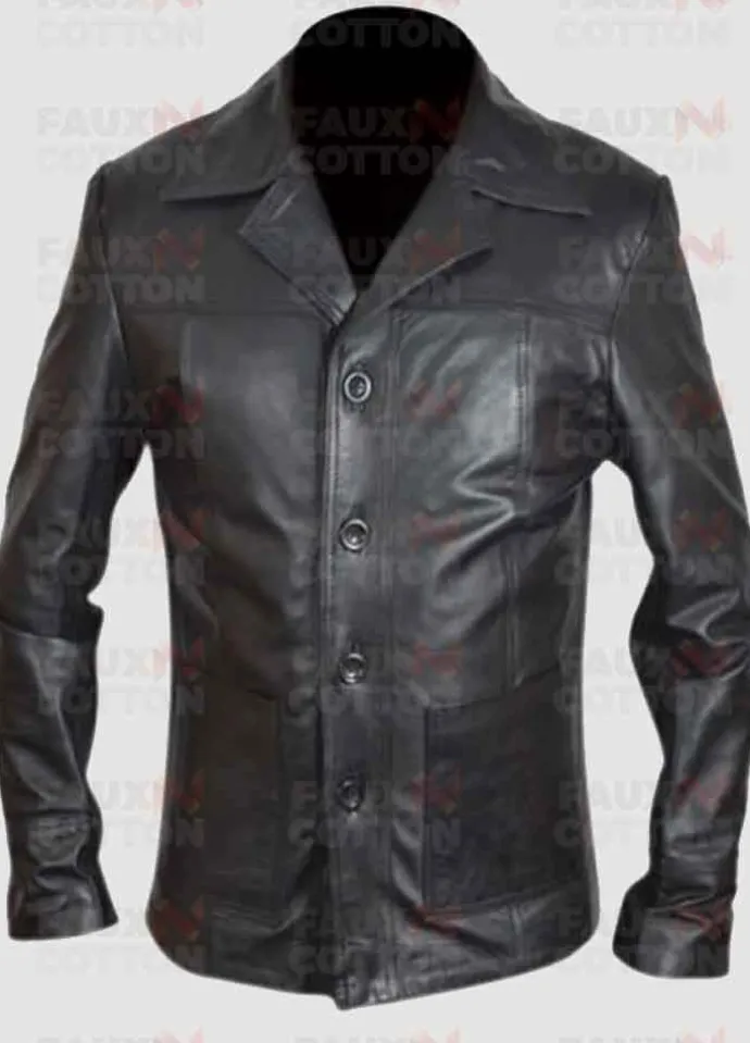 Men's Four Button Black Leather Blazer