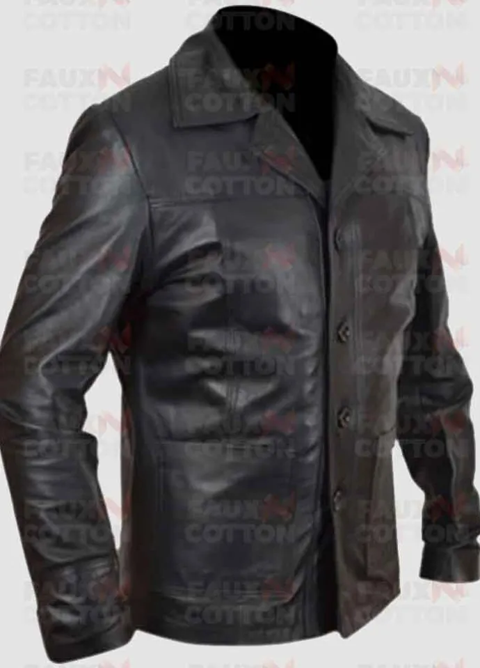 Men's Four Button Black Leather Blazer