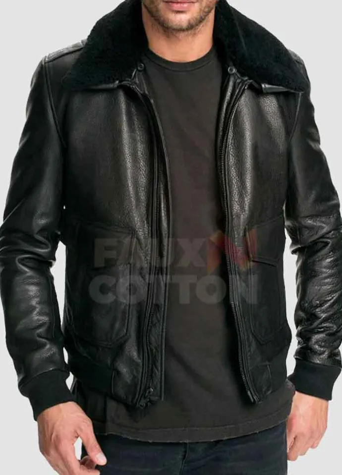 Men's Fur Collar Black Leather Jacket