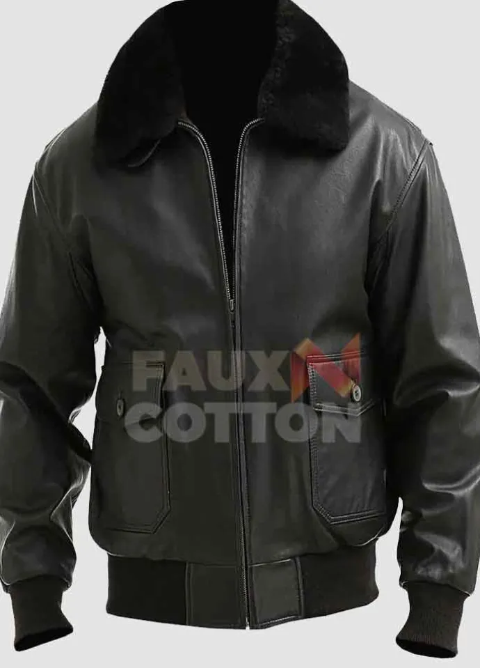 Mens G1 Black Bomber Fur Collar Leather Jacket