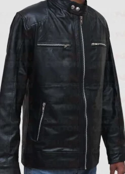 Men's slim fit black biker leather jacket