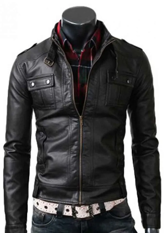 MENS STRAP POCKET BLACK LEATHER JACKET