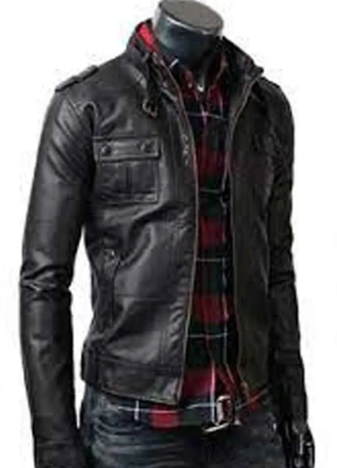 MENS STRAP POCKET BLACK LEATHER JACKET